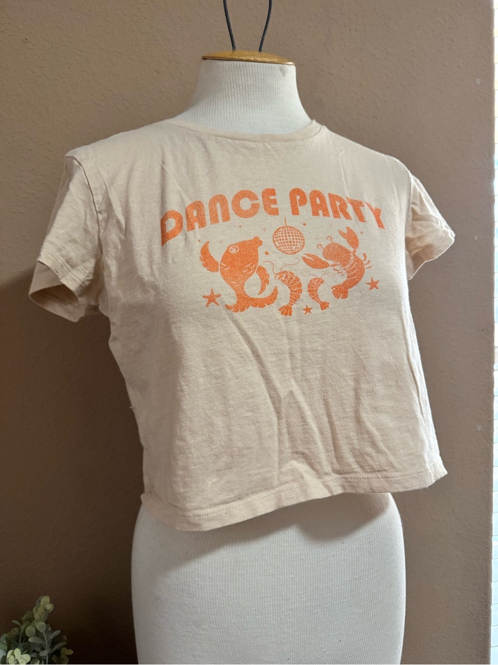aerie Beige Tee with Orange 'Dance Party' Graphic